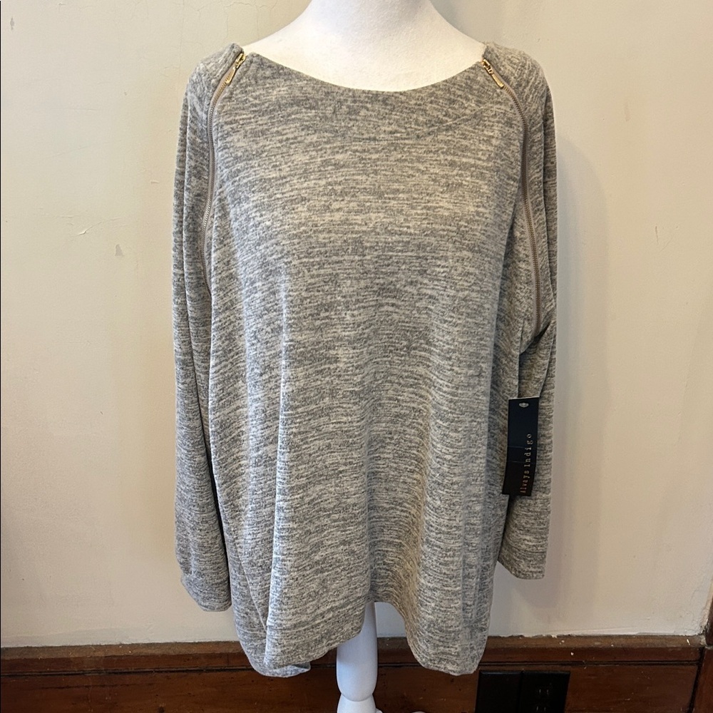 Always Indigo gray long sleeve top with gold zipper accents Size 2X New